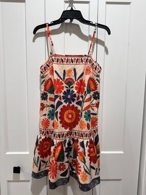 Women’s Cream Floral Embroidered Sundress - Strappy Summer Dress